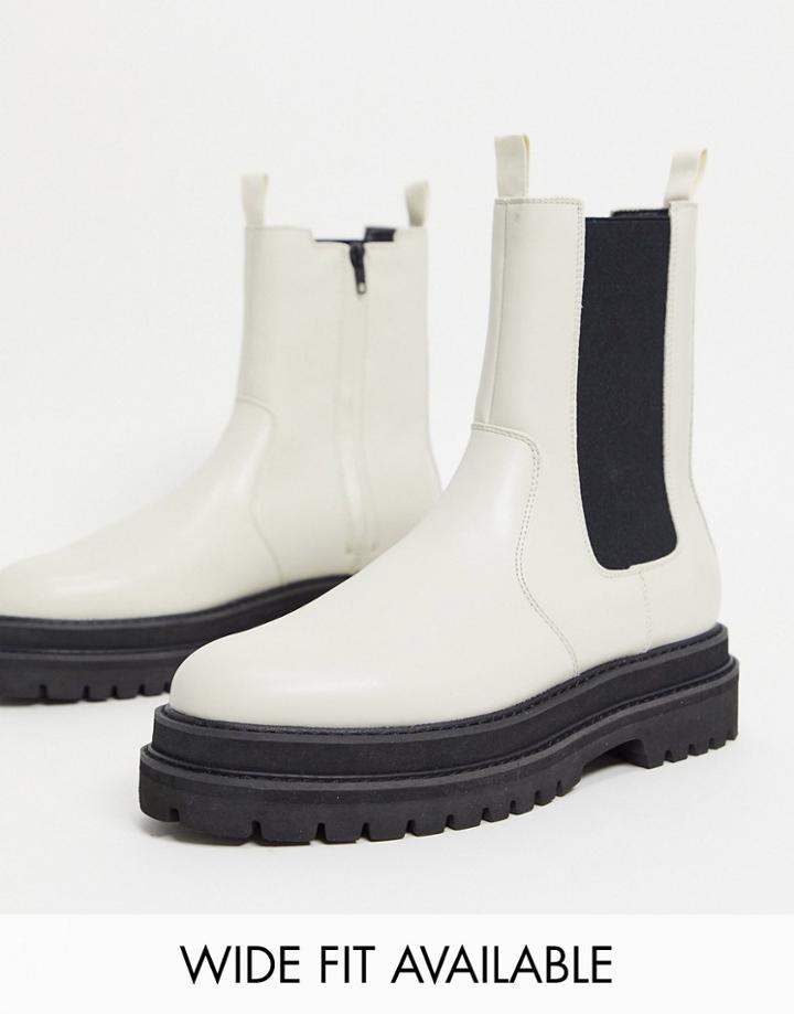 Asos Design Chelsea Calf Boots In White Faux Leather With Black Sole