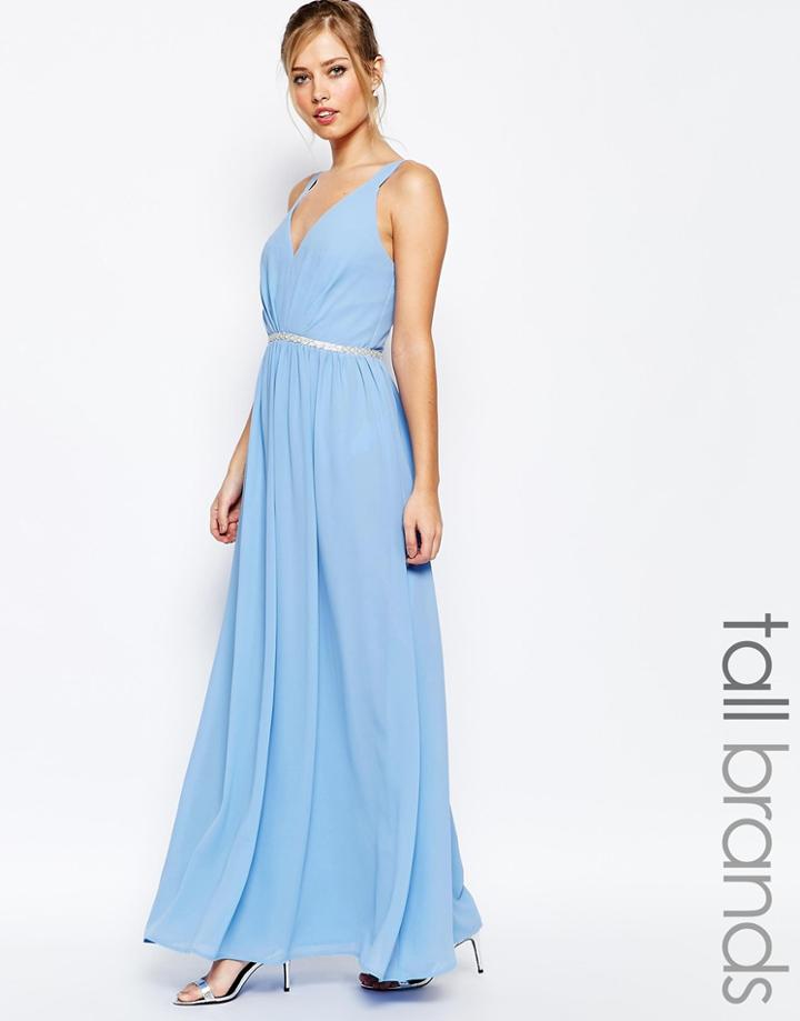 Jarlo Tall V Neck Maxi Dress In Chiffon With Embellished Waist - Blue