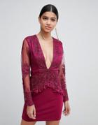 Love Triangle Long Sleeve Embroidered Lace Dress With Tassel Trim-purple
