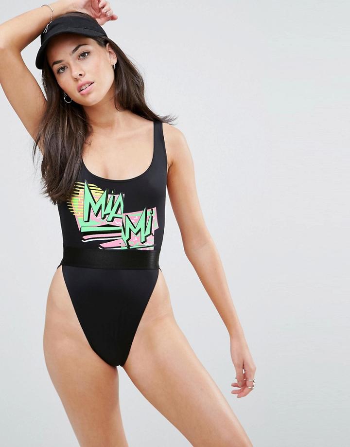 Asos 80s Miami Print High Leg Low Back Swimsuit - Black