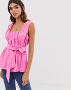 Asos Design Square Neck Top In Linen With Tie Waist-black