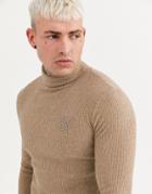 Siksilk Muscle Fit Knitted Roll Neck Sweater In Camel-stone