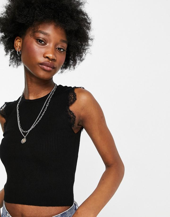 Brave Soul Magnola Knit Lace Trim Crop Top In Black