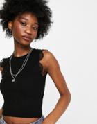 Brave Soul Magnola Knit Lace Trim Crop Top In Black