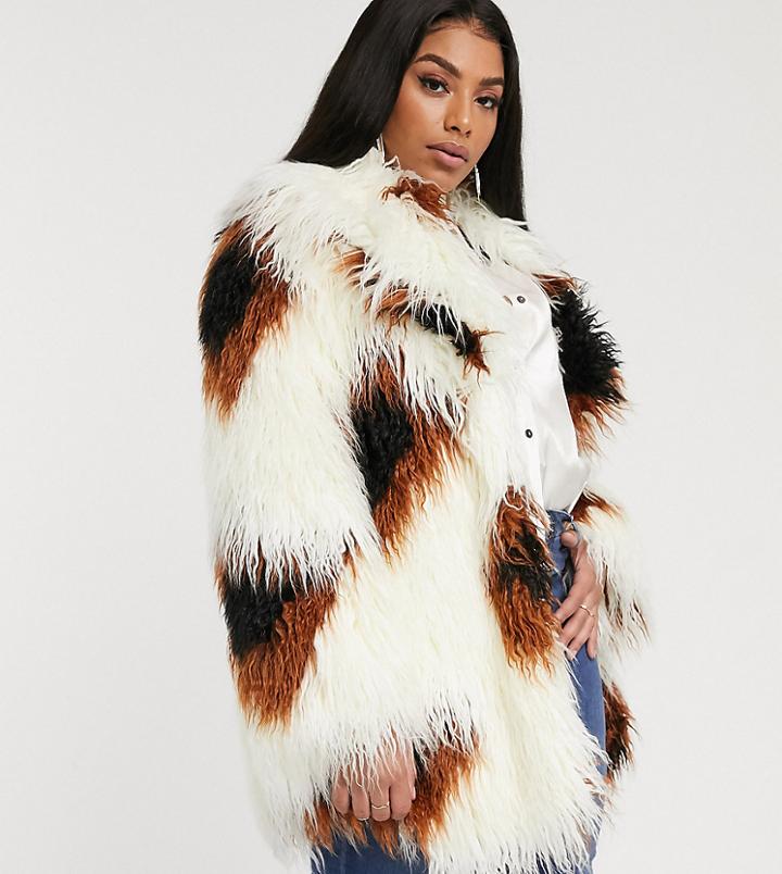 Glamorous Curve Shaggy Faux Fur Jacket In Smudge Print-cream