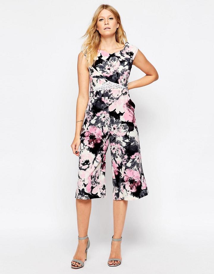 Liquorish Culotte Jumpsuit With Lace Insert In Floral Print - Pink Floral Print