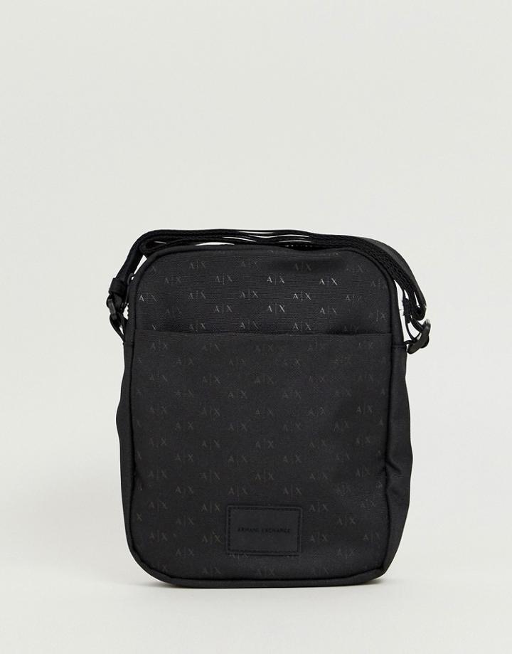 Armani Exchange Nylon All Over Logo Flight Bag In Black - Black