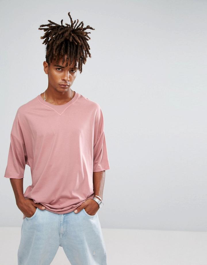 Asos Super Oversized Longline T-shirt With V Insert And Babylock Hem - Pink