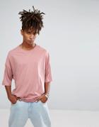 Asos Super Oversized Longline T-shirt With V Insert And Babylock Hem - Pink