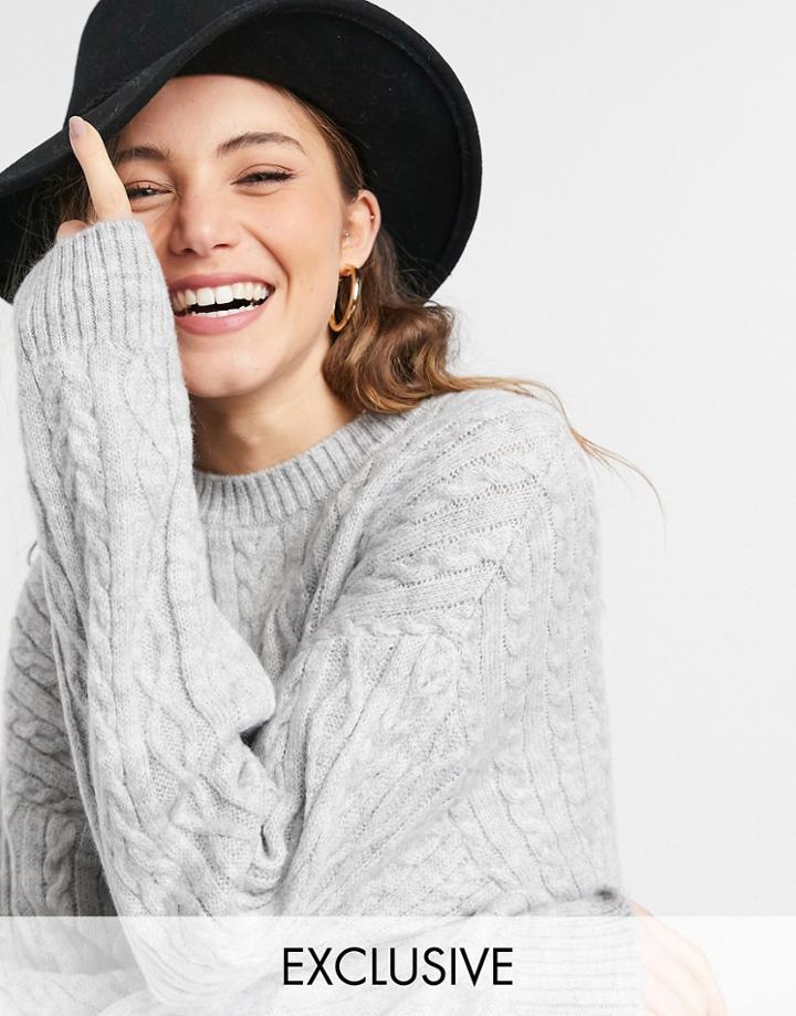 Reclaimed Vintage Inspired Boxy Cable Sweater In Light Gray-grey