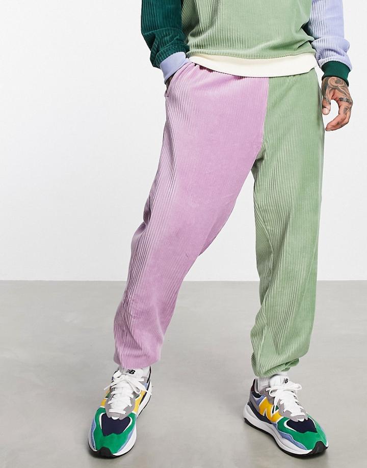 Asos Design Oversized Sweatpants In Purple And Green Ribbed Velour Color Block - Part Of A Set-multi