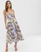 Asos Design Cami Midi Dress In Mixed Floral With Pleat And Lace Trim-multi