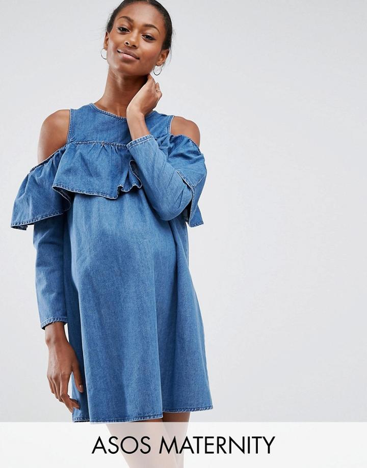 Asos Maternity Cold Shoulder Denim Dress - Blue