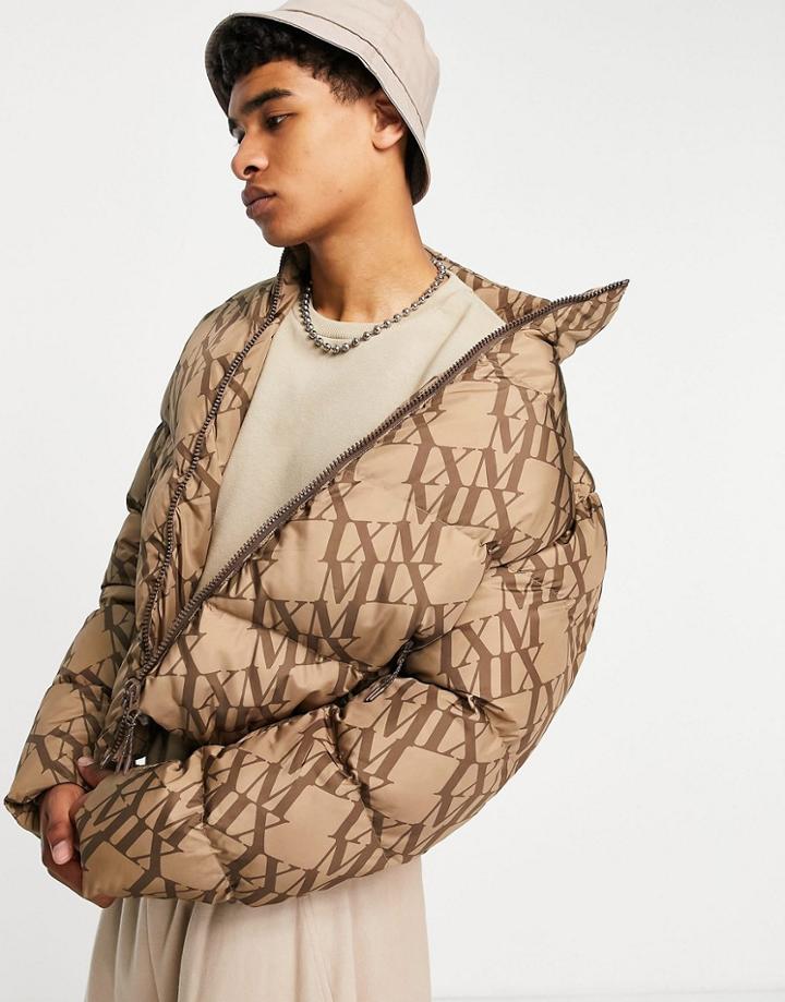 Asos Design Puffer Jacket In Brown Monogram Print
