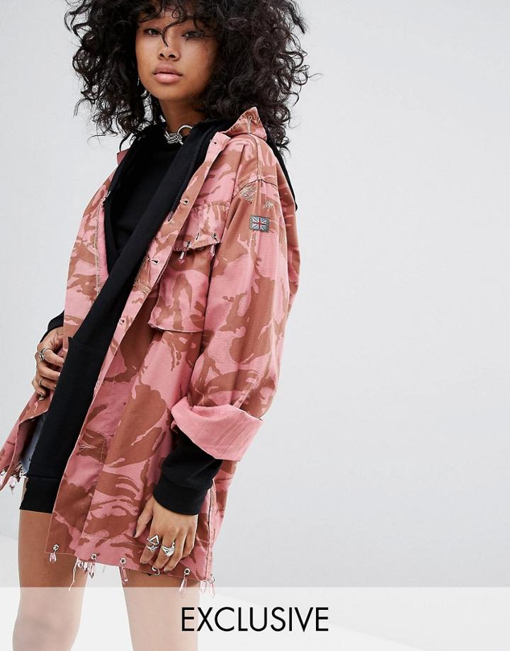 Milk It Vintage Overdyed Military Shirt Jacket With Crystal Embellishment - Pink