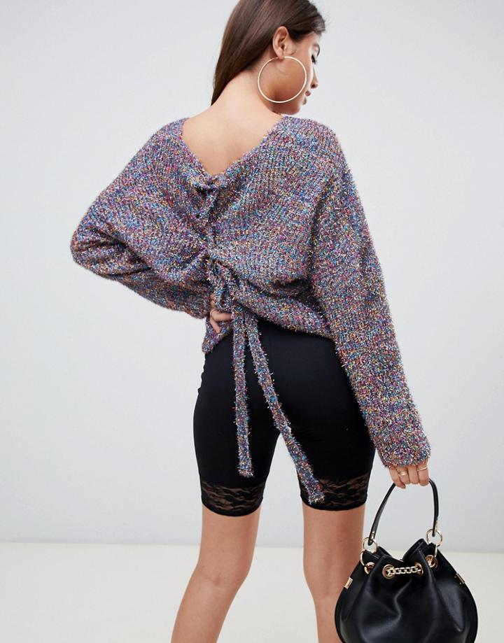 Prettylittlething Lace Up Back Glitter Sweater In Gray - Multi
