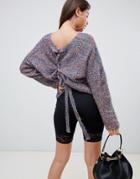 Prettylittlething Lace Up Back Glitter Sweater In Gray - Multi