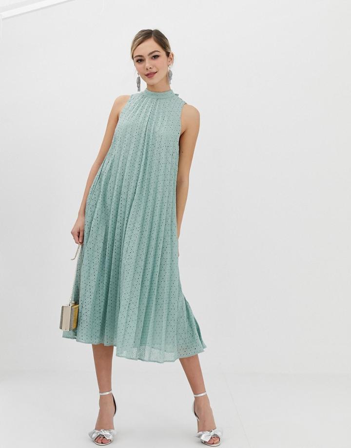 Asos Design High Neck Pleated Broderie Midi Swing Dress - Green