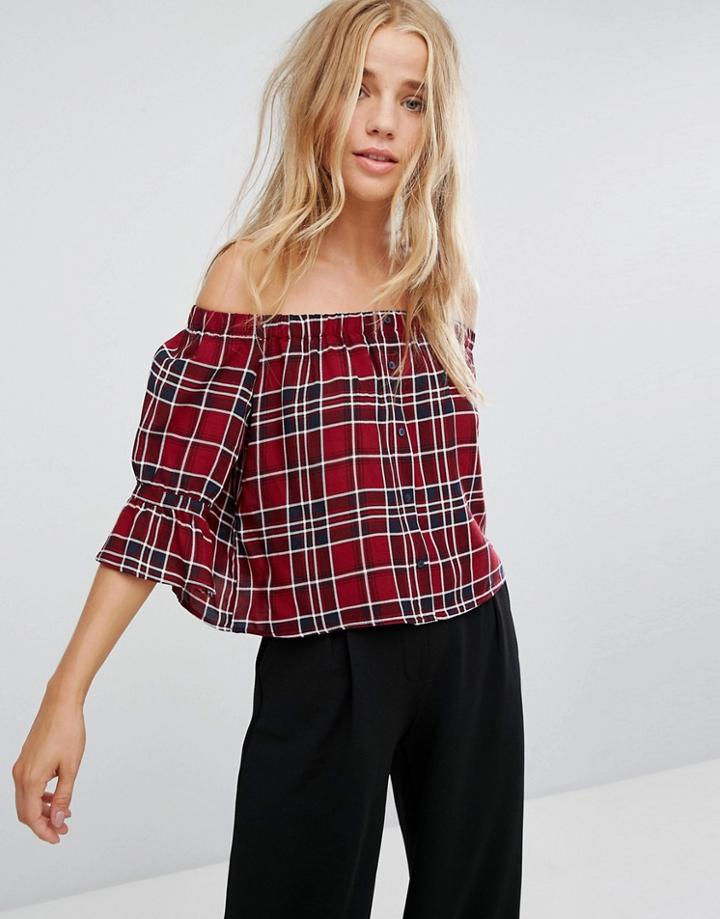 Bershka Check Print Bardot Top - Multi