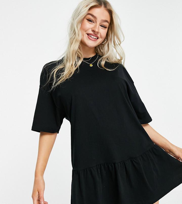 Asos Design Petite Oversized T-shirt Dress With Ruffle Hem In Black