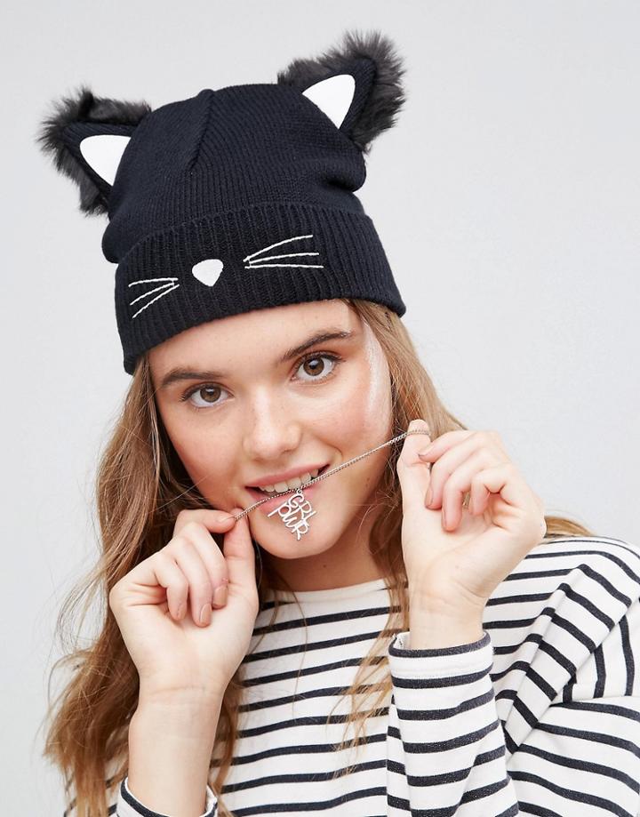 Asos Cat Ears Beanie With Glow In The Dark Yarn - Black