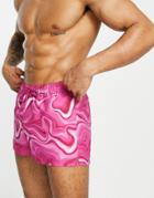 Asos Design Swim Shorts With Marble Print Super Short Length-pink