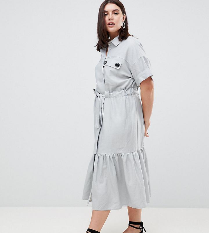 Asos Design Curve Linen Maxi Shirt Dress With Belt Detail And Pep Hem - Blue