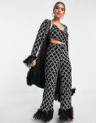 Asos Luxe Maxi Embellished Coat With Feather Cuffs In Black And Silver - Part Of A Set