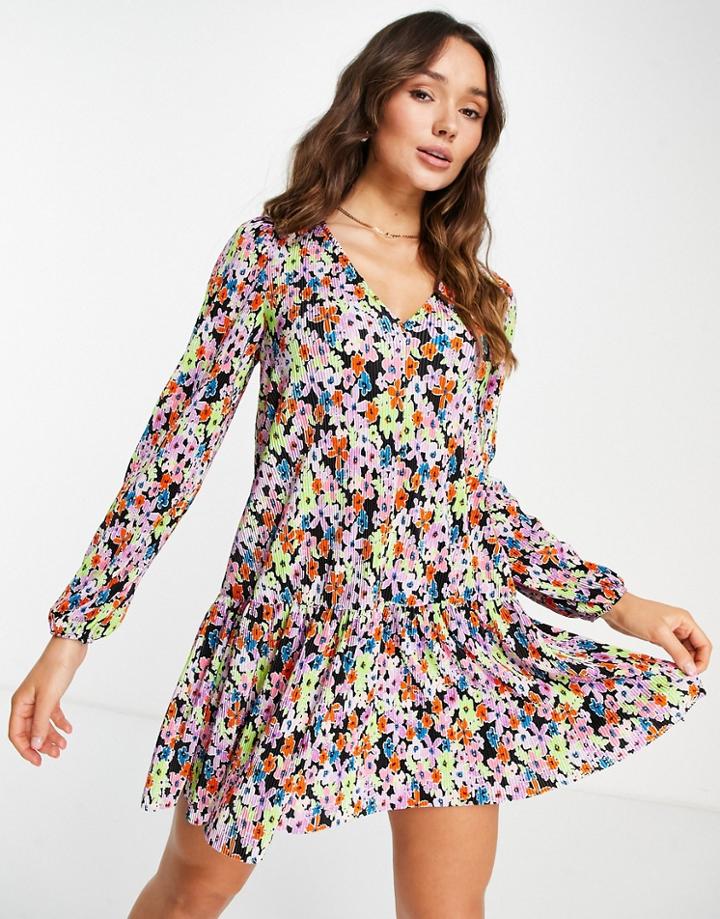 Asos Design Plisse Long Sleeve V Neck Mini Dress In Bright Floral Print-multi