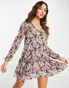 Asos Design Plisse Long Sleeve V Neck Mini Dress In Bright Floral Print-multi