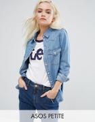 Asos Petite Denim Fitted Shirt In Midwash Blue - Blue