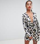Missguided Petite Twist Front Mini Dress In Leopard - White