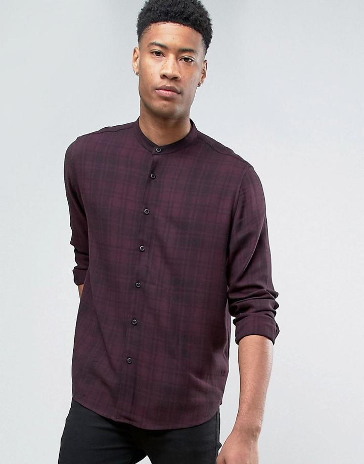 Asos Oversized Viscose Check Shirt With Grandad Collar - Red
