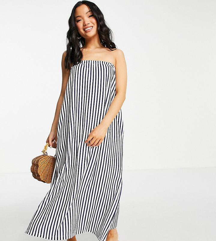 Asos Design Petite Bandeau Maxi Sundress With Pockets In Navy And White Stripe