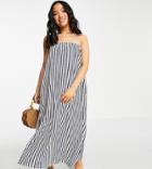 Asos Design Petite Bandeau Maxi Sundress With Pockets In Navy And White Stripe