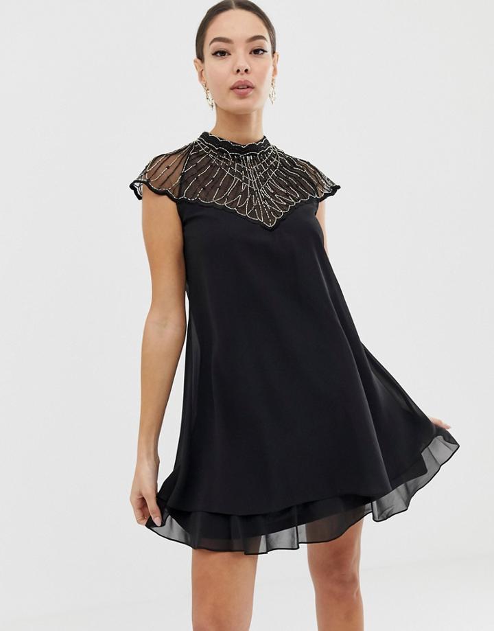 Lipsy Chiffon Swing Dress With Embellishment In Black - Black