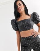 Opulence England Premium Party Pu Sequin Puff Sleeve Crop Top In Black