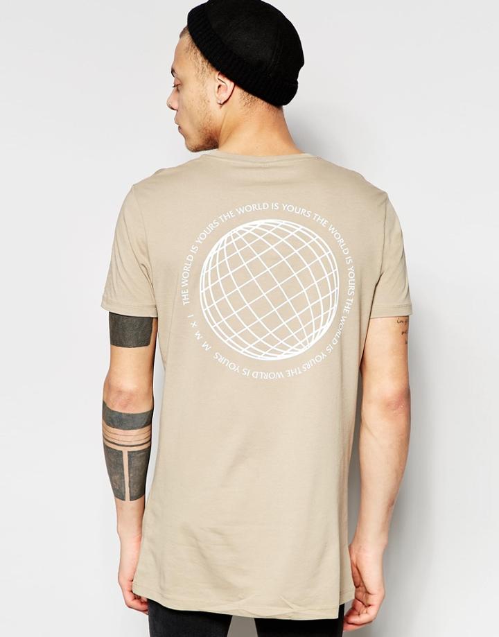 Asos Longline T-shirt With Globe Print In Beige - Silver Mink