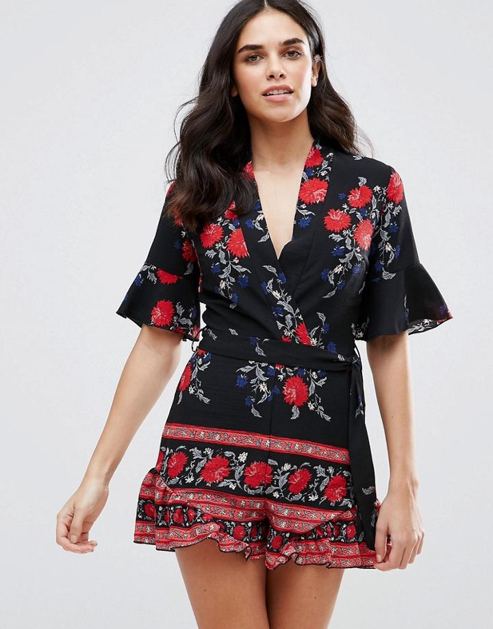 Parisian Floral Border Print Romper - Black