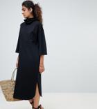 Asos Design Tall High Neck Midi Swing Dress With Trumpet Sleeves - Black