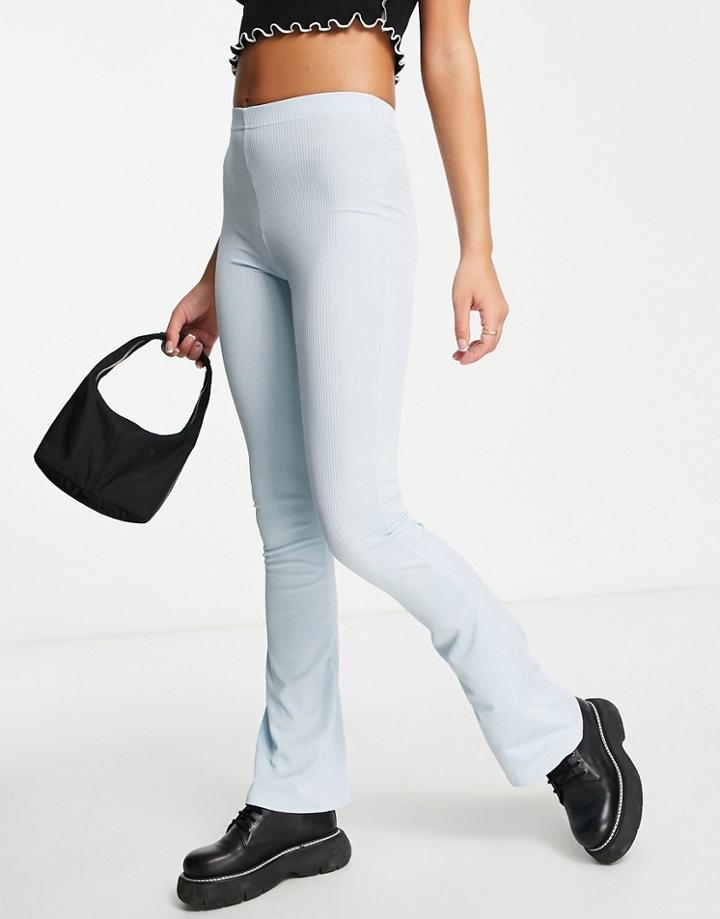 Topshop Skinny Rib Flared Pants In Blue