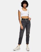 Topshop Mom Jeans With Rips In Washed Black