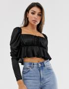 Asos Design Square Neck Top With Peplum Hem In Black