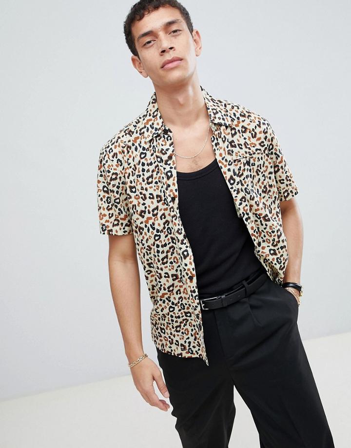 Bellfield Short Sleeve Shirt With Cheetah Print - Beige