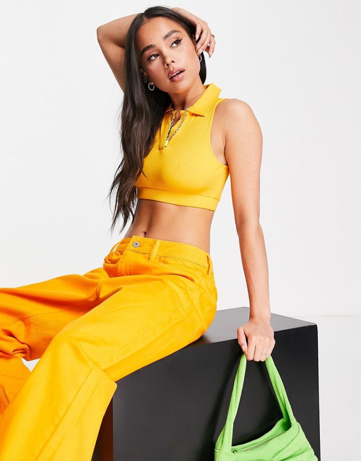 Noisy May Ribbed Cropped Polo Top In Orange