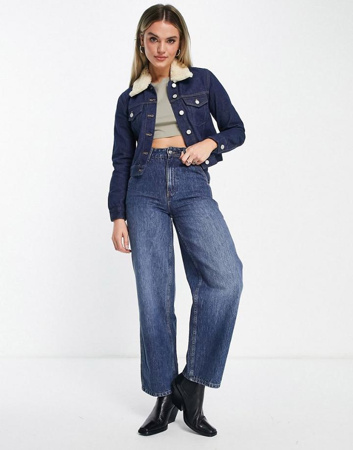 French Connection Palmira Cropped Denim Jacket With Detachable Wool Collar In Indigo Denim-blues