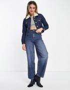 French Connection Palmira Cropped Denim Jacket With Detachable Wool Collar In Indigo Denim-blues