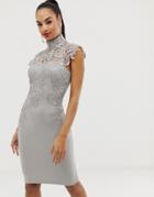 Club L High Neck Crochet Detail Bodycon Dress - Gray