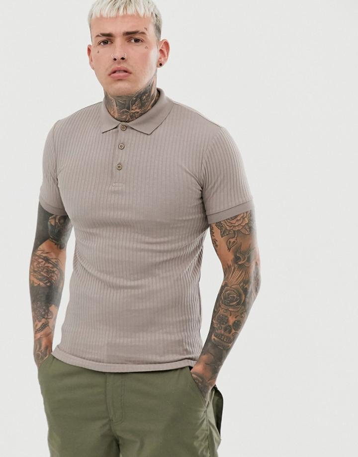 Asos Design Muscle Fit Polo In Rib In Beige