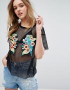 Bershka Embroidered Front Mesh Top - Black